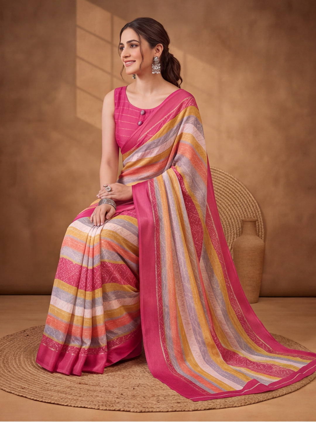 Pink Moss Chiffon Saree with Stunning Floral Digital Prints – By Jaipur Kurti