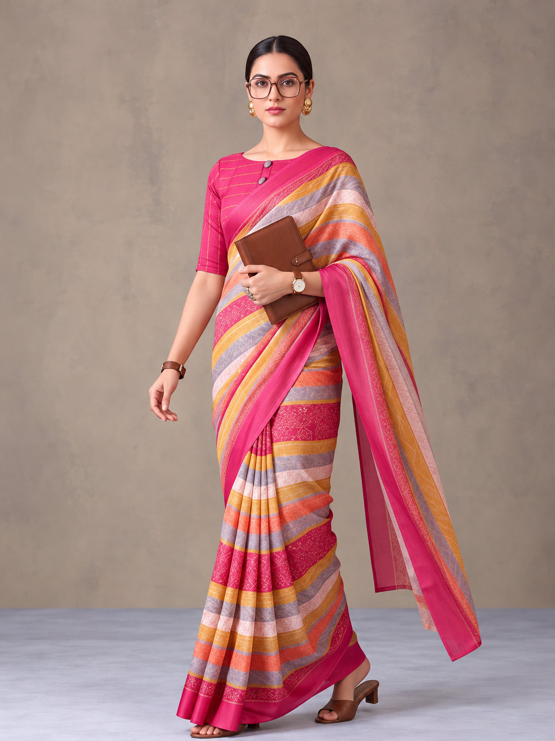 Pink Moss Chiffon Saree with Stunning Floral Digital Prints – By Jaipur Kurti