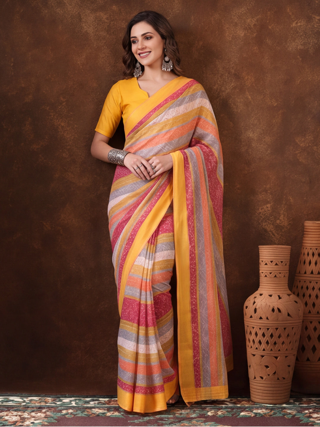 Yellow Moss Chiffon Saree with Contemporary Digital Design – By Jaipur Kurti