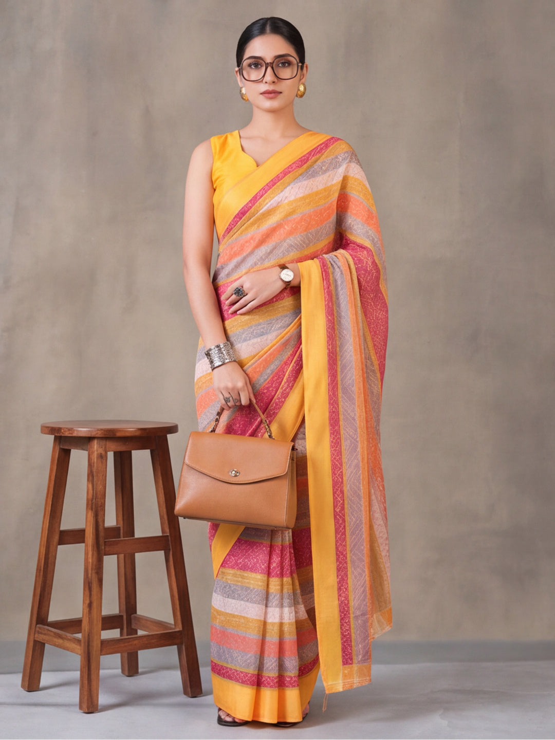 Yellow Moss Chiffon Saree with Contemporary Digital Design – By Jaipur Kurti