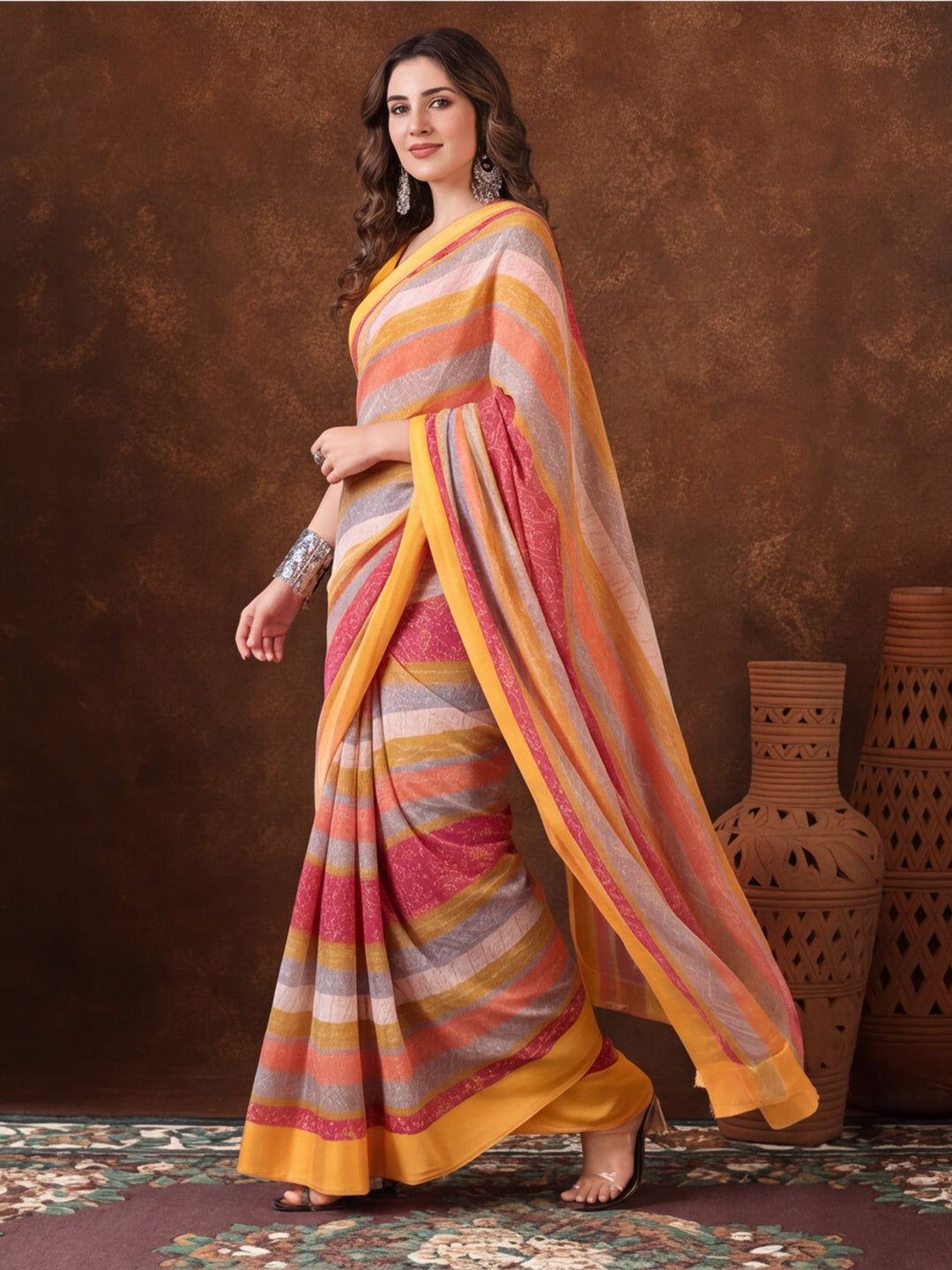 Yellow Moss Chiffon Saree with Contemporary Digital Design – By Jaipur Kurti