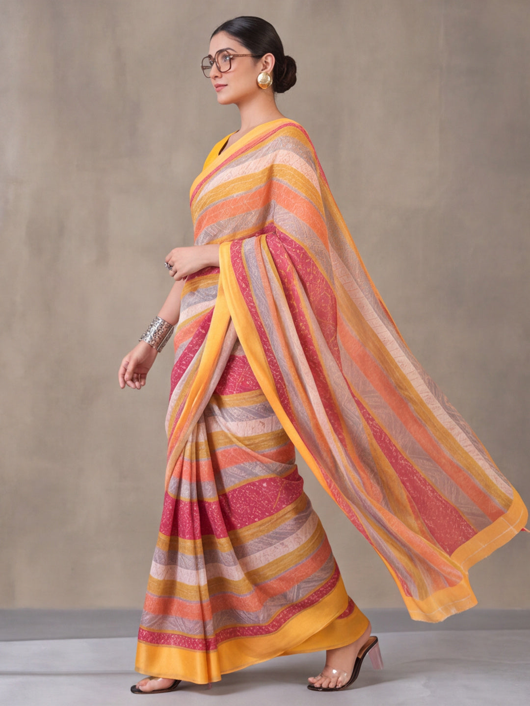 Yellow Moss Chiffon Saree with Contemporary Digital Design – By Jaipur Kurti