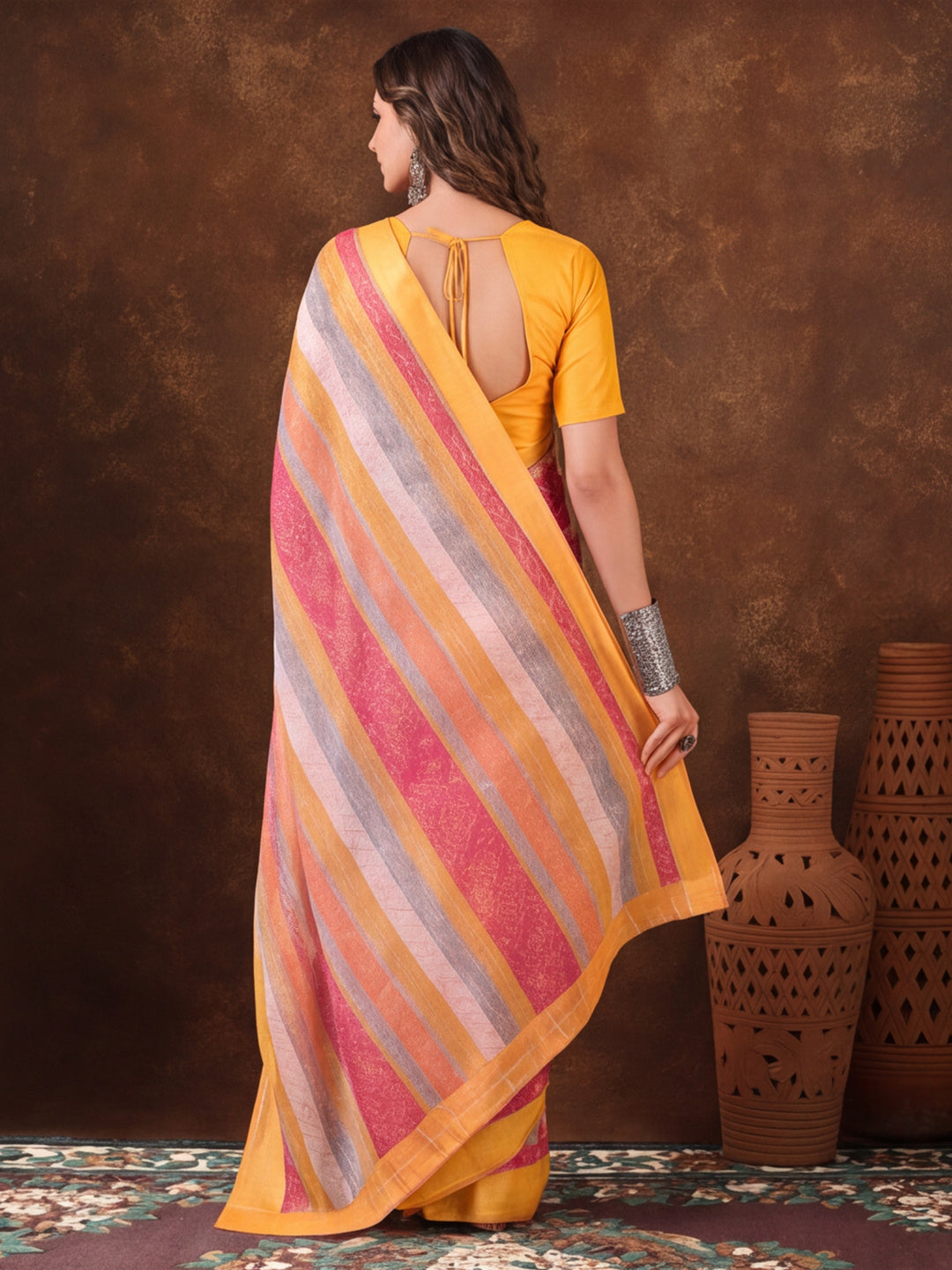 Yellow Moss Chiffon Saree with Contemporary Digital Design – By Jaipur Kurti