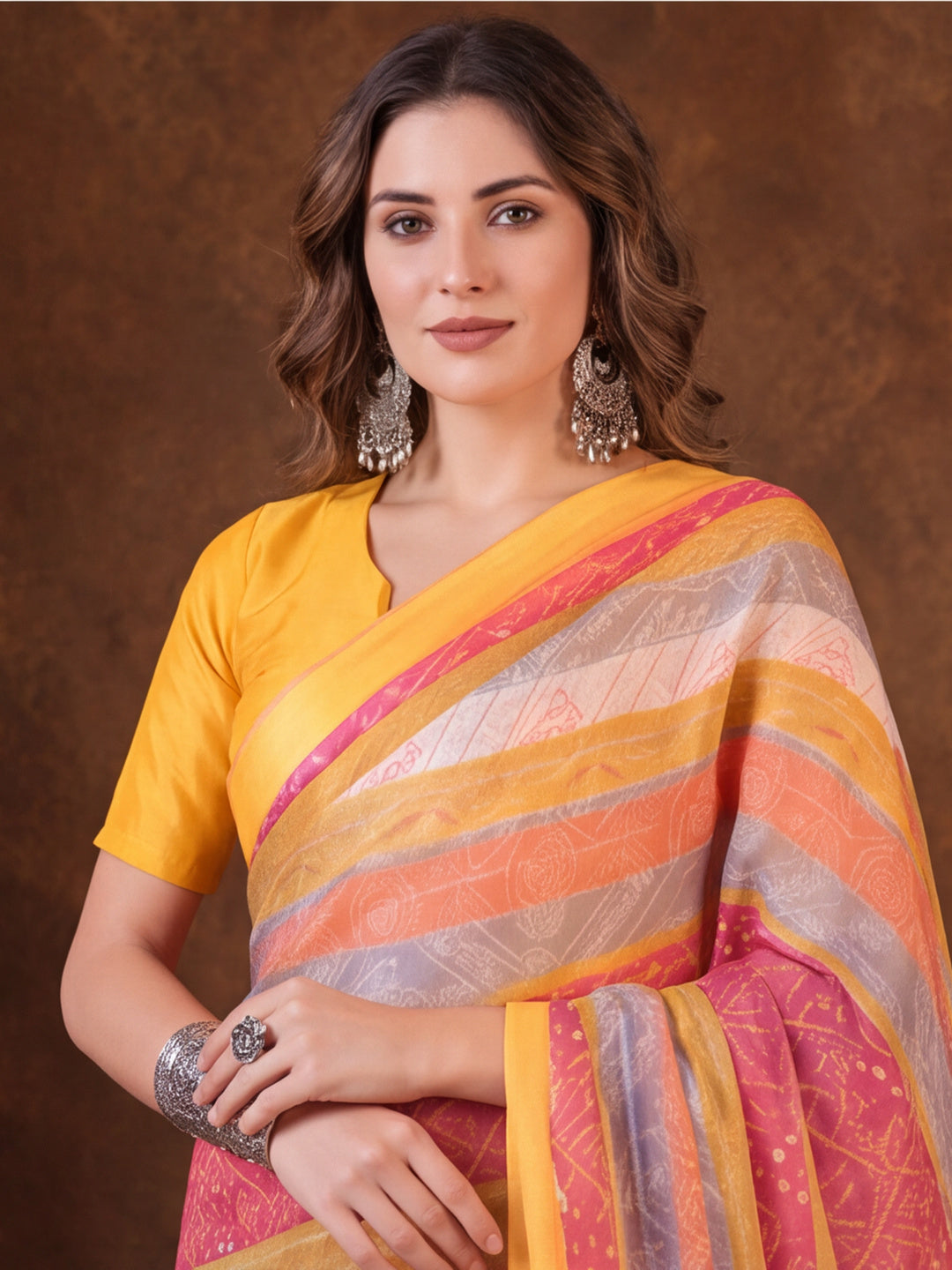 Yellow Moss Chiffon Saree with Contemporary Digital Design – By Jaipur Kurti
