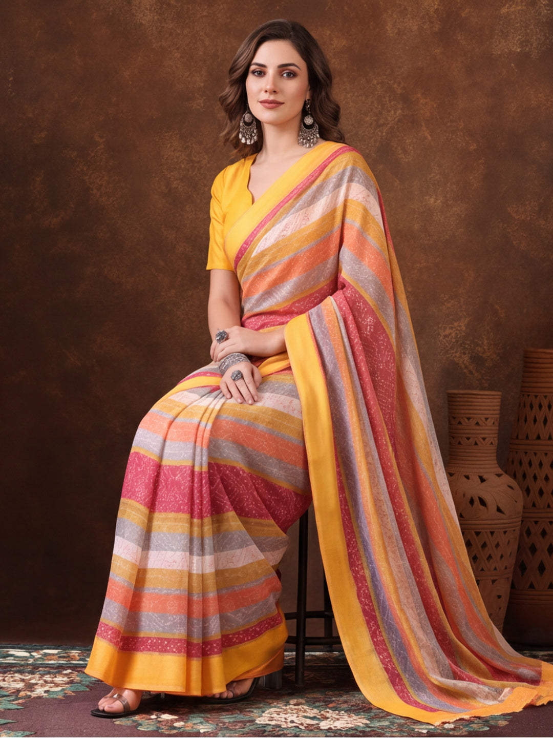 Yellow Moss Chiffon Saree with Contemporary Digital Design – By Jaipur Kurti