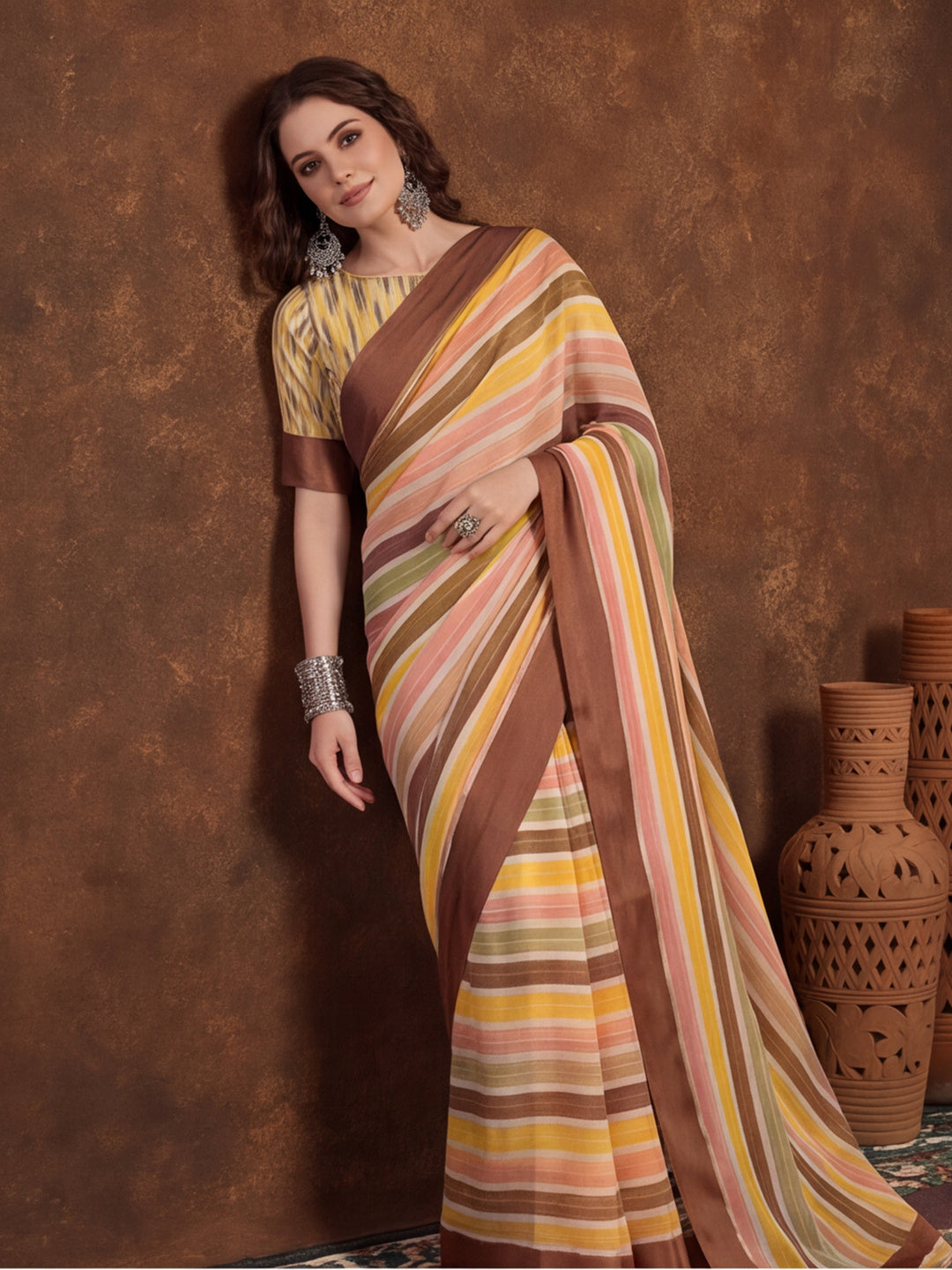 Statement Multicolor Digital Print Moss Chiffon Saree – By Jaipur Kurti