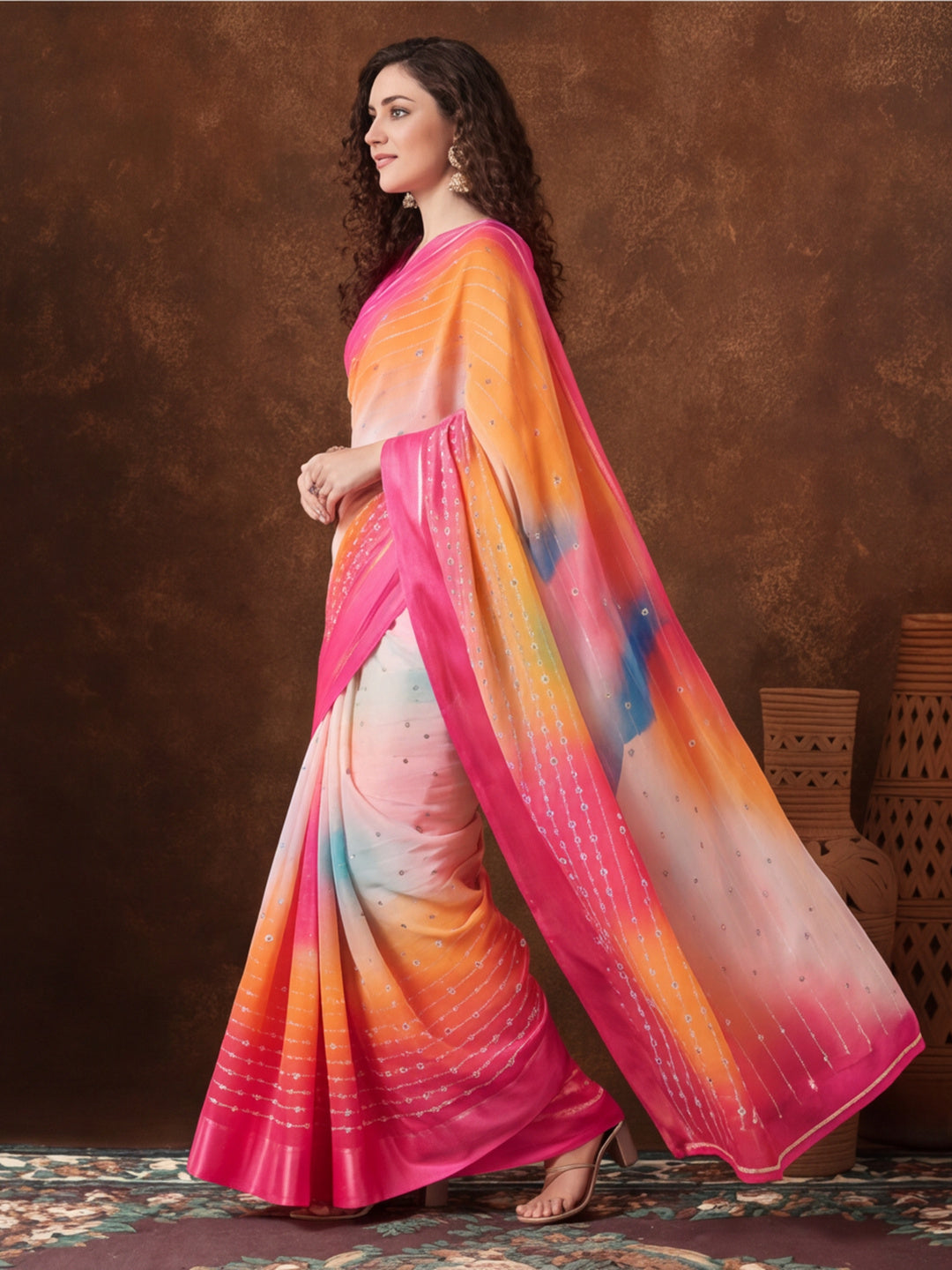Trendy Multicolor Moss Chiffon Saree with All-Over Digital Print – By Jaipur Kurti