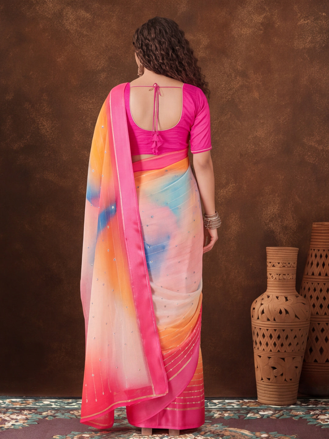 Trendy Multicolor Moss Chiffon Saree with All-Over Digital Print – By Jaipur Kurti