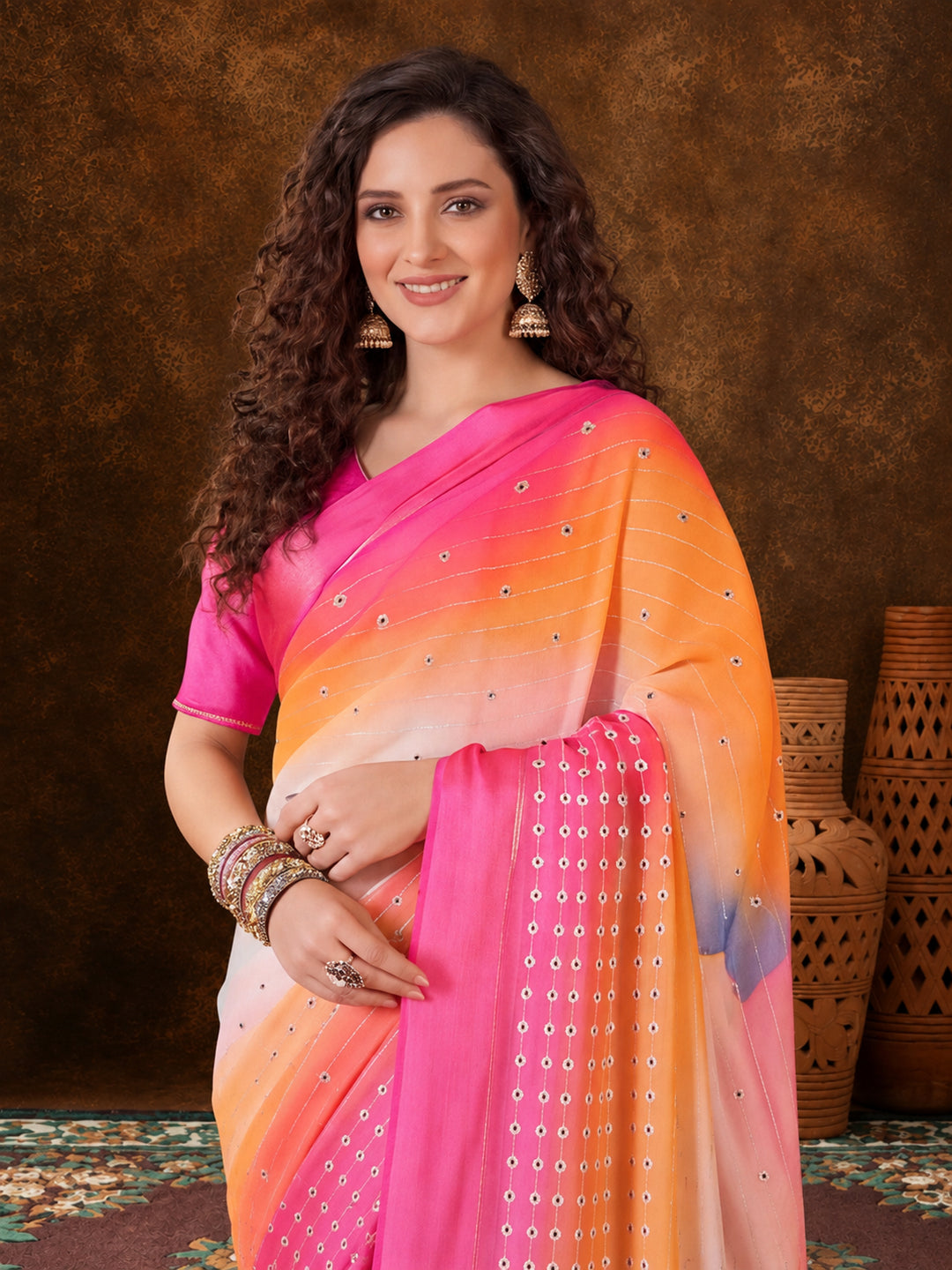 Trendy Multicolor Moss Chiffon Saree with All-Over Digital Print – By Jaipur Kurti