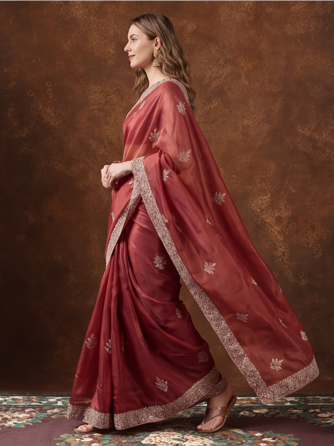 Pink Gold Crush Saree with Intricate Embroidery for Party Wear by Jaipur Kurti