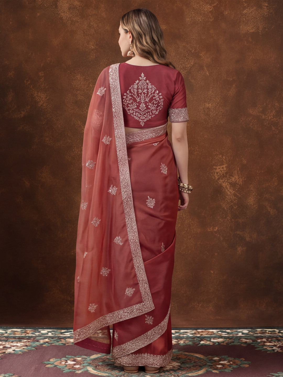 Pink Gold Crush Saree with Intricate Embroidery for Party Wear by Jaipur Kurti
