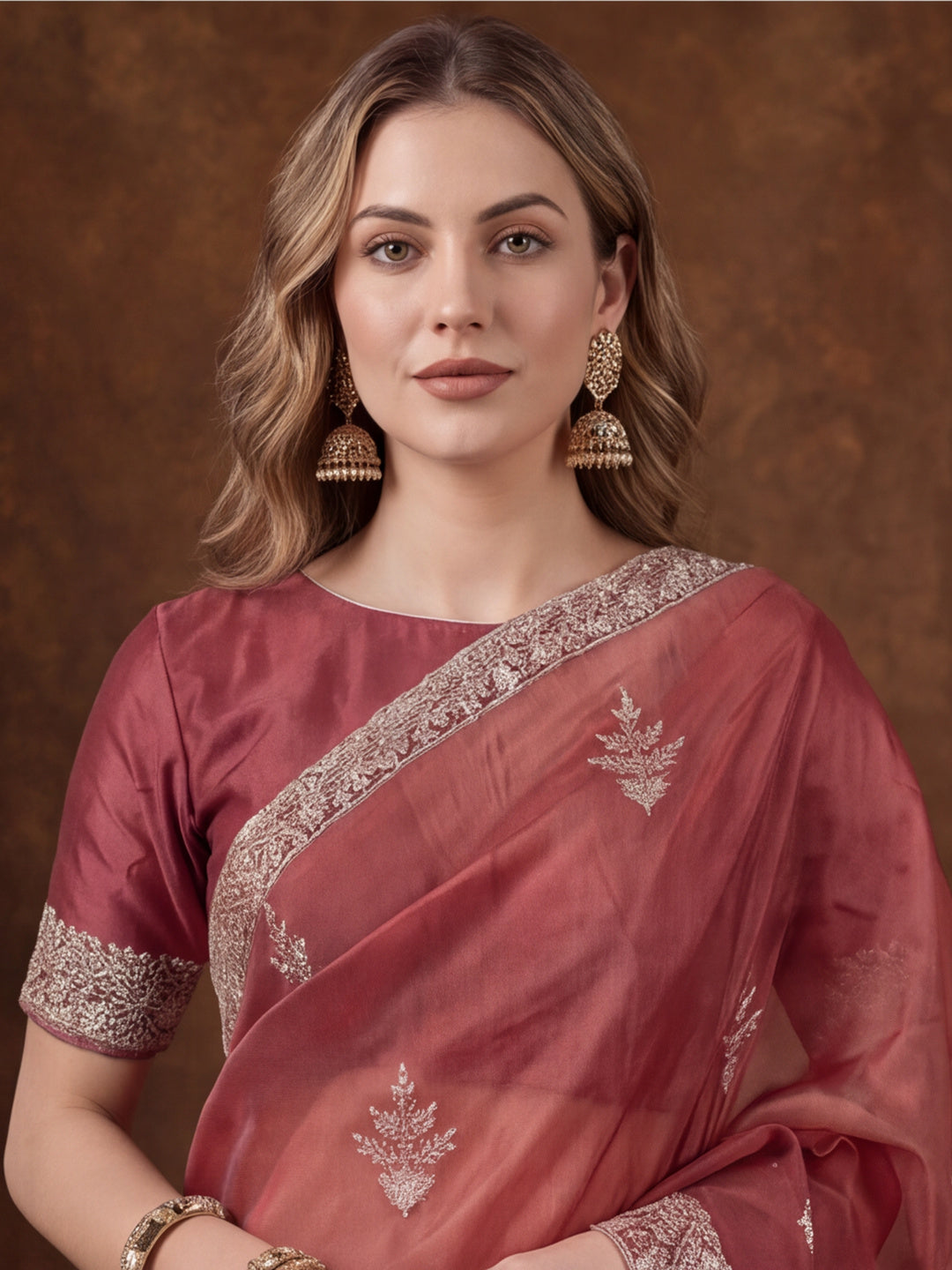 Pink Gold Crush Saree with Intricate Embroidery for Party Wear by Jaipur Kurti