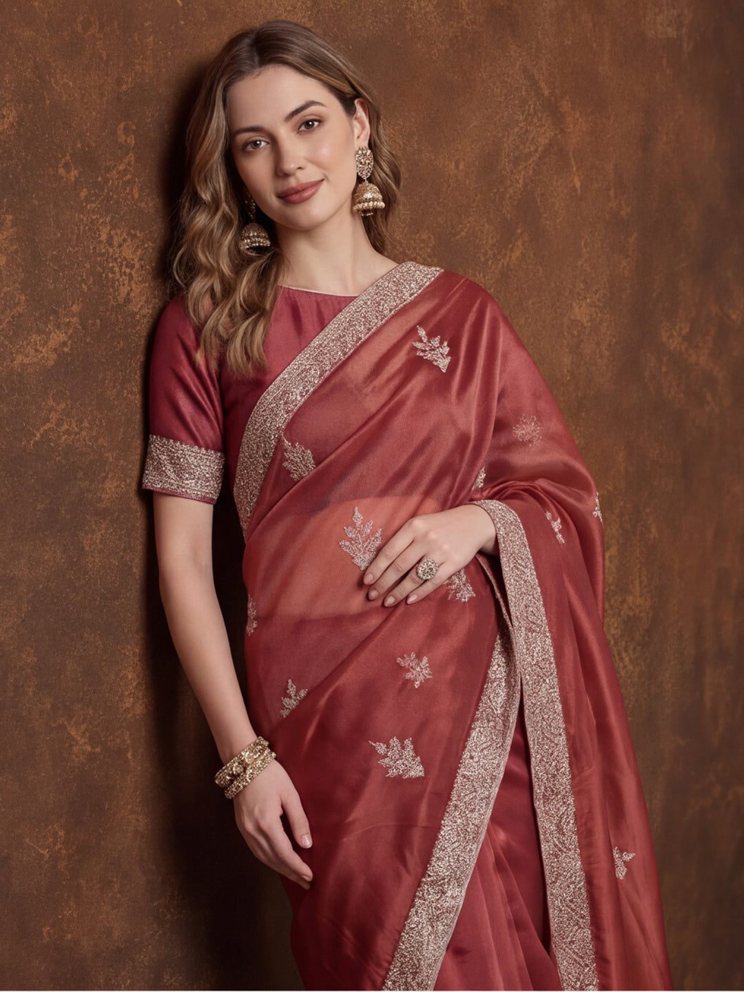 Pink Gold Crush Saree with Intricate Embroidery for Party Wear by Jaipur Kurti