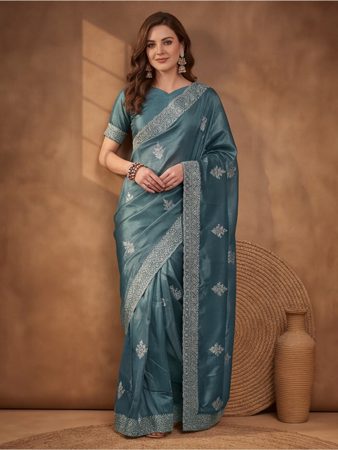 Petrol Blue Gold Crush Saree with Stylish Embroidered Features by Jaipur Kurti