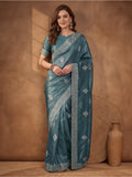 Petrol Blue Gold Crush Saree with Stylish Embroidered Features by Jaipur Kurti