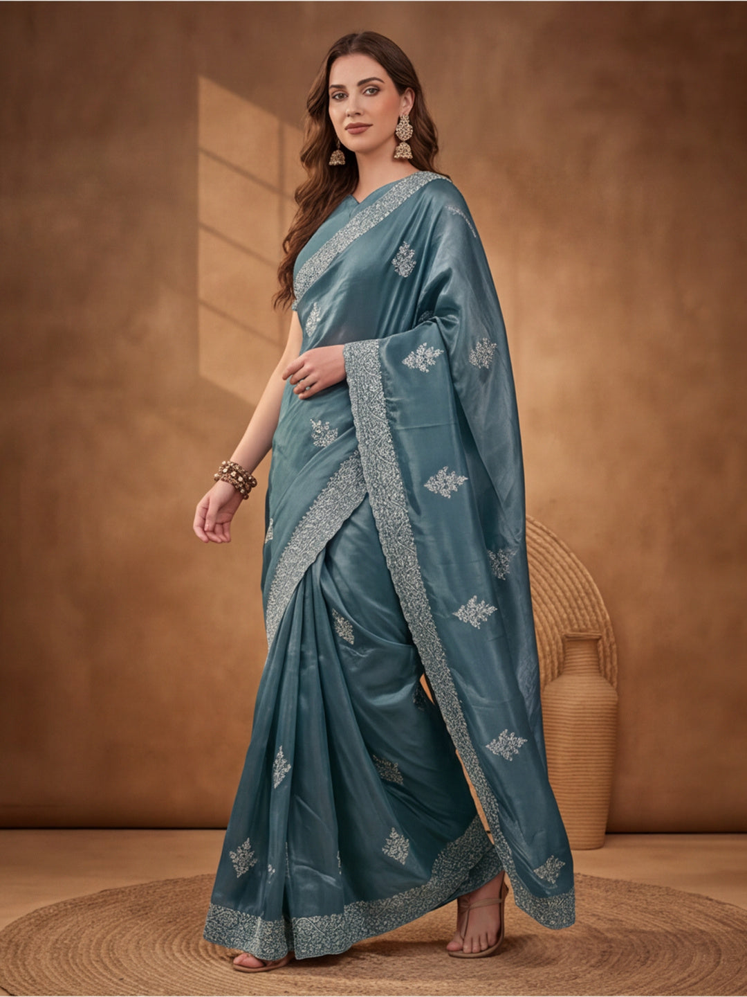 Petrol Blue Gold Crush Saree with Stylish Embroidered Features by Jaipur Kurti