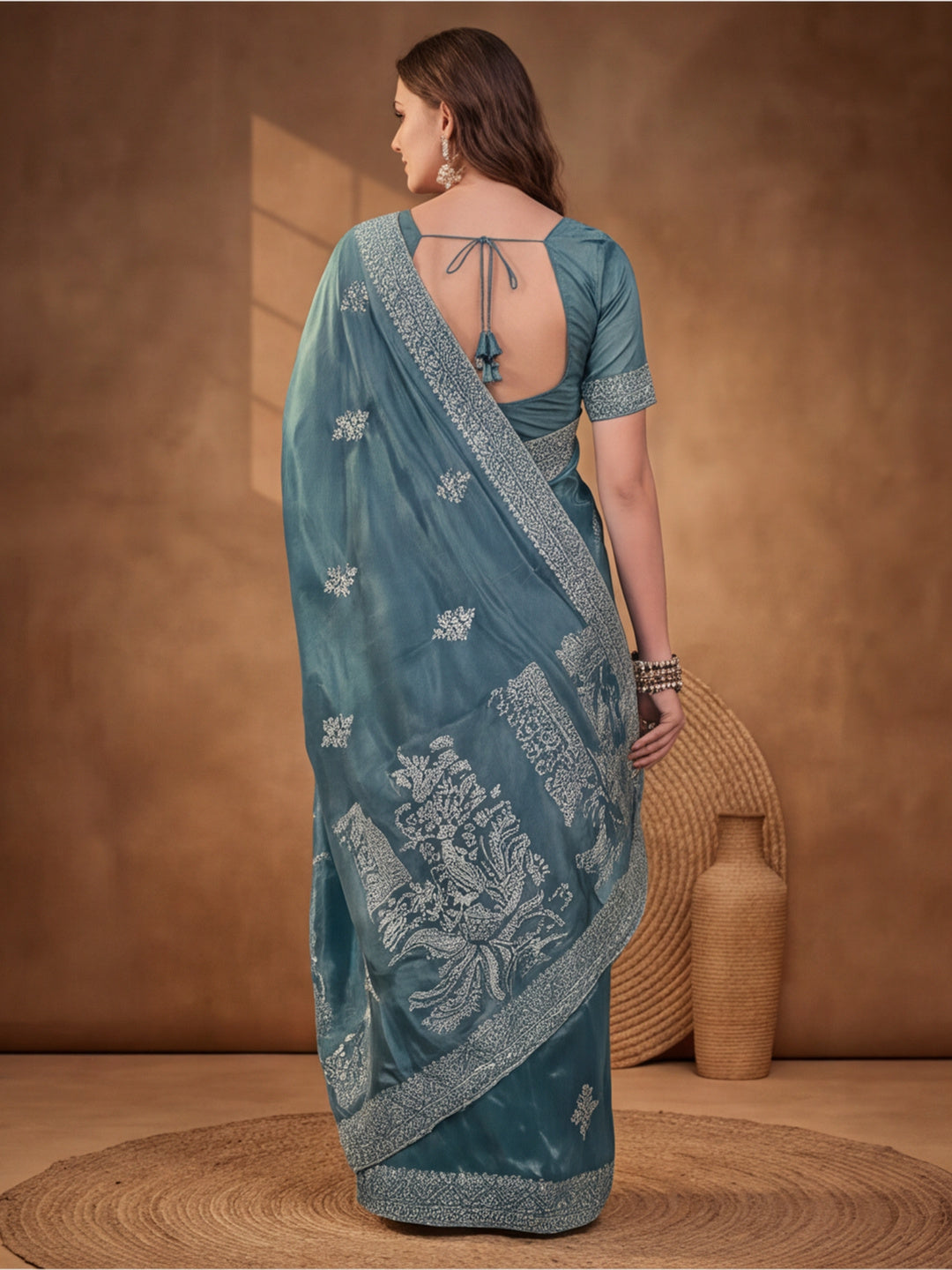 Petrol Blue Gold Crush Saree with Stylish Embroidered Features by Jaipur Kurti