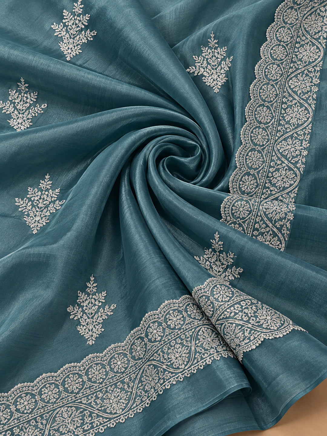 Petrol Blue Gold Crush Saree with Stylish Embroidered Features by Jaipur Kurti