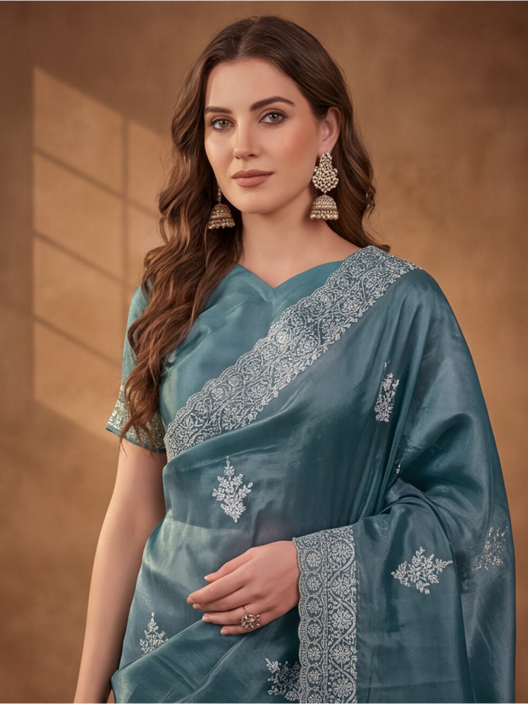 Petrol Blue Gold Crush Saree with Stylish Embroidered Features by Jaipur Kurti
