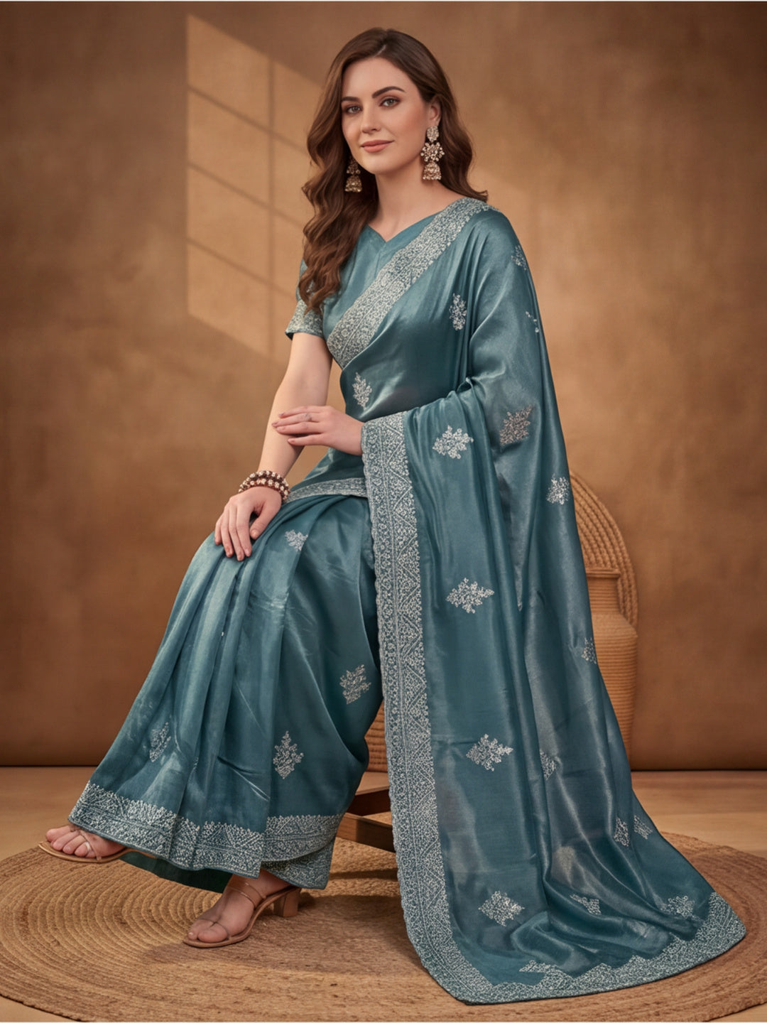 Petrol Blue Gold Crush Saree with Stylish Embroidered Features by Jaipur Kurti