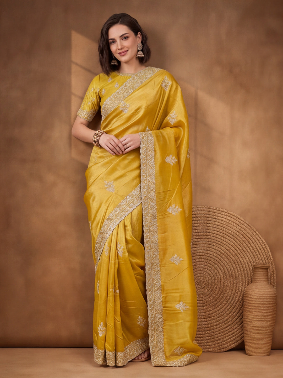 Mustard Gold Crush Saree with Vibrant Embroidered Work by Jaipur Kurti