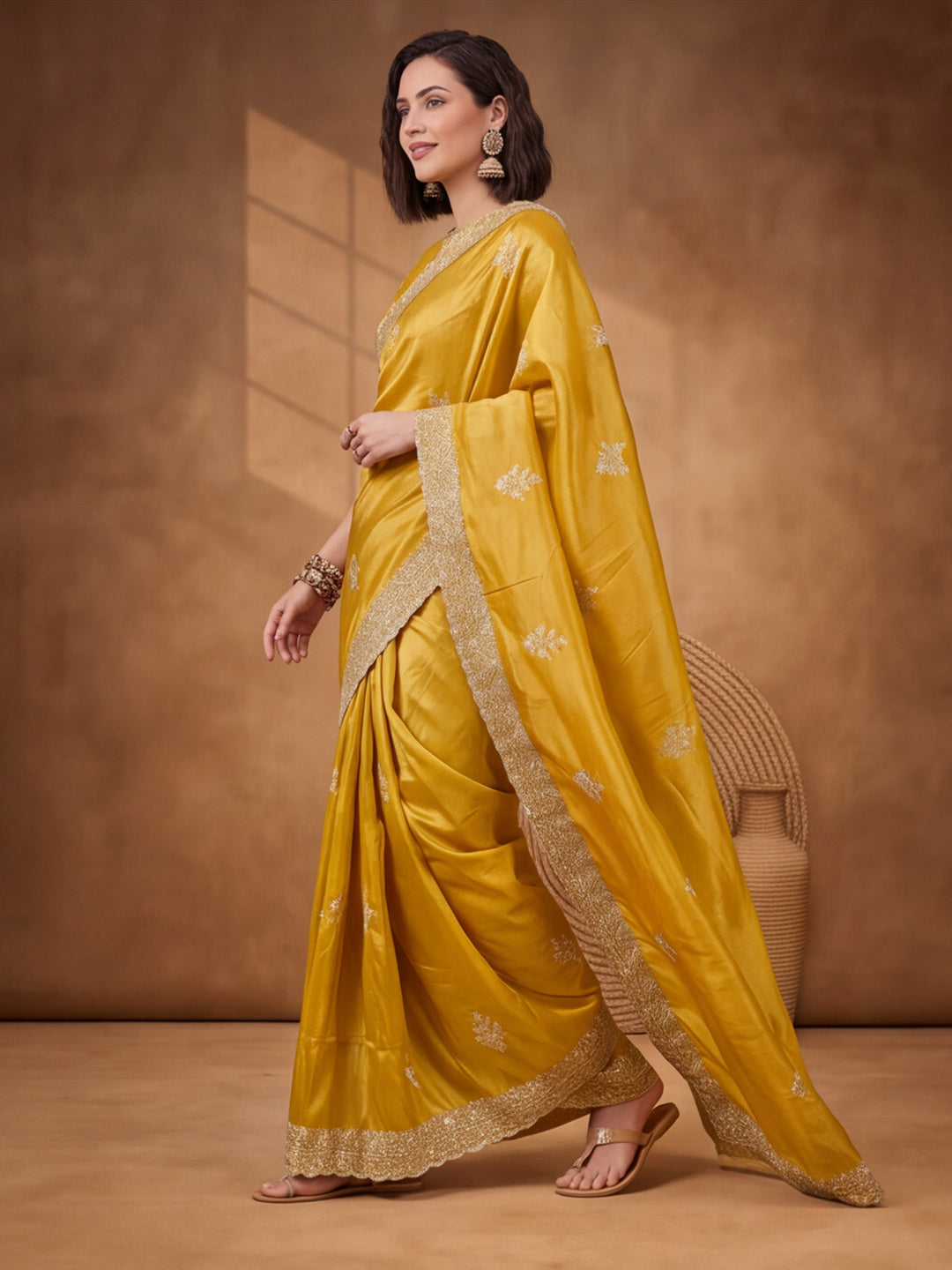 Mustard Gold Crush Saree with Vibrant Embroidered Work by Jaipur Kurti