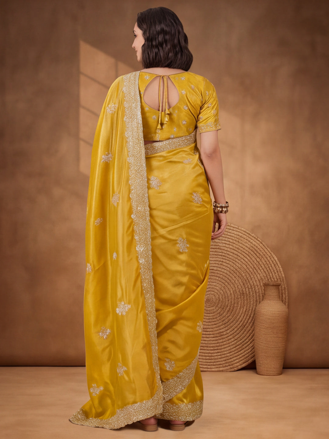 Mustard Gold Crush Saree with Vibrant Embroidered Work by Jaipur Kurti