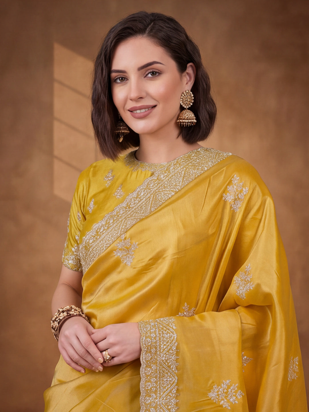 Mustard Gold Crush Saree with Vibrant Embroidered Work by Jaipur Kurti