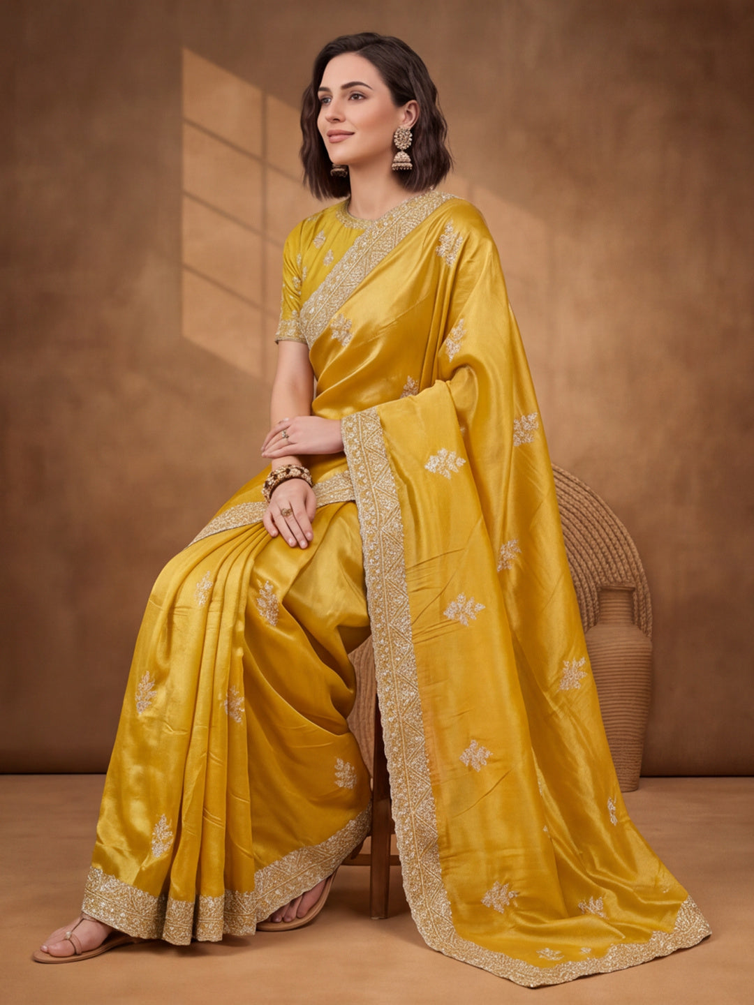 Mustard Gold Crush Saree with Vibrant Embroidered Work by Jaipur Kurti