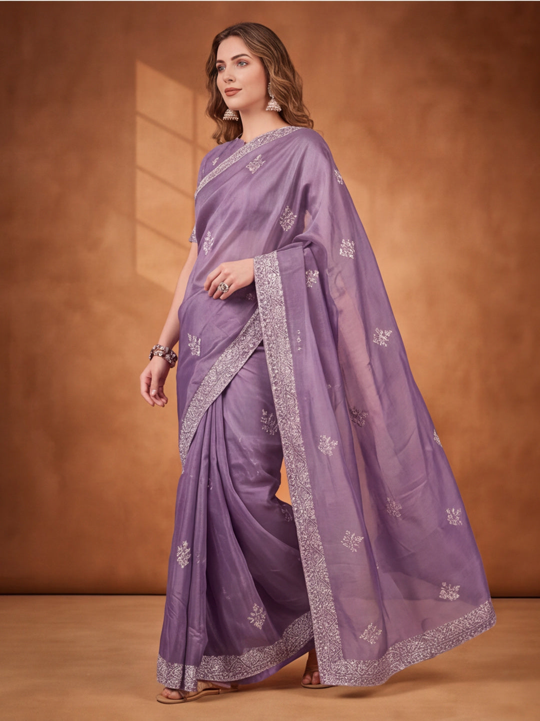 Purple Gold Crush Saree with Regal Embroidered Detailing by Jaipur Kurti