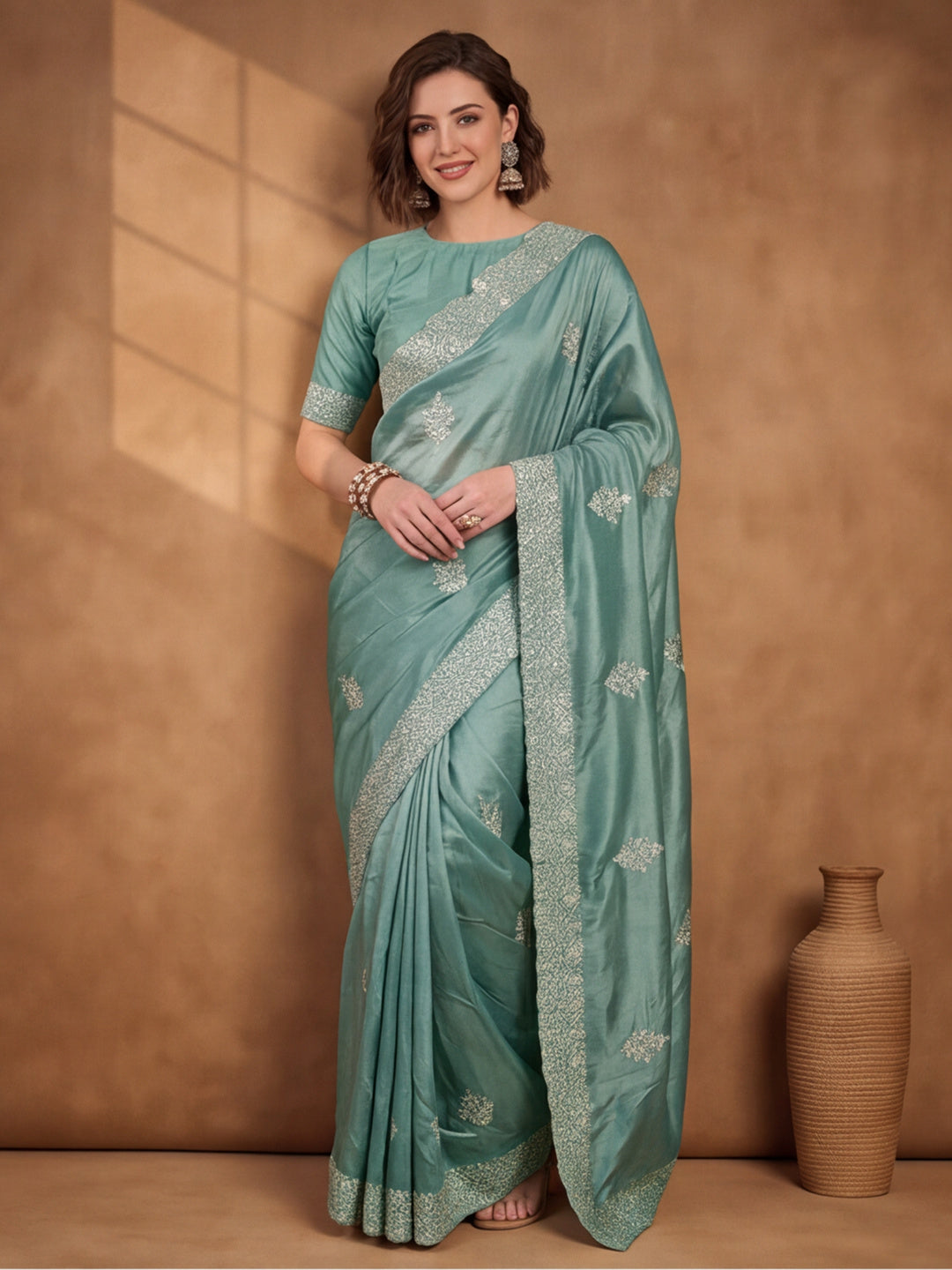Teal Gold Crush Saree with Artistic Embroidered Design by Jaipur Kurti