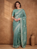 Teal Gold Crush Saree with Artistic Embroidered Design by Jaipur Kurti