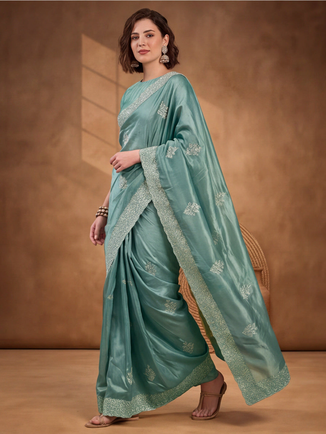 Teal Gold Crush Saree with Artistic Embroidered Design by Jaipur Kurti