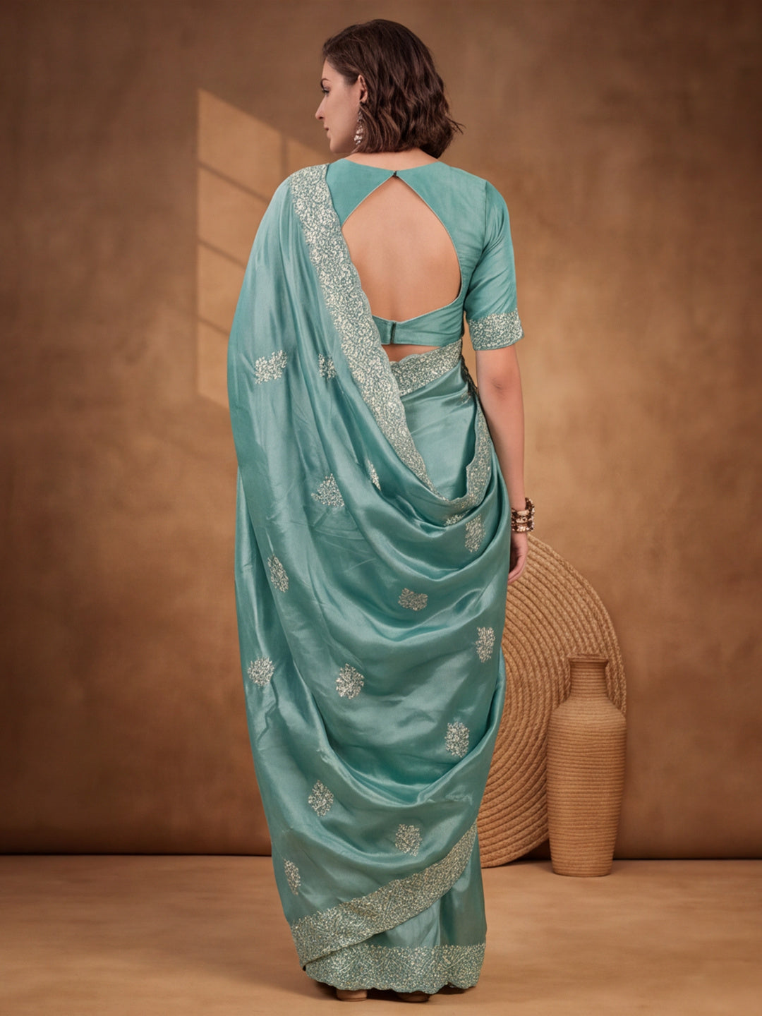 Teal Gold Crush Saree with Artistic Embroidered Design by Jaipur Kurti