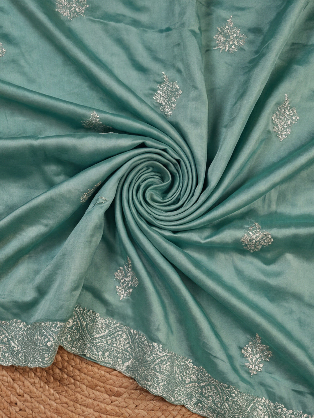 Teal Gold Crush Saree with Artistic Embroidered Design by Jaipur Kurti