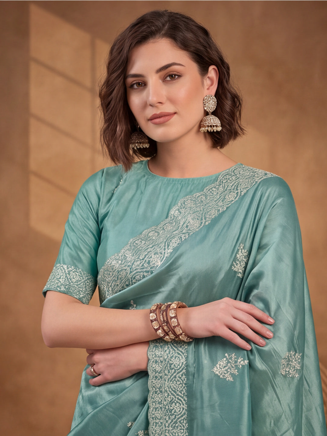 Teal Gold Crush Saree with Artistic Embroidered Design by Jaipur Kurti