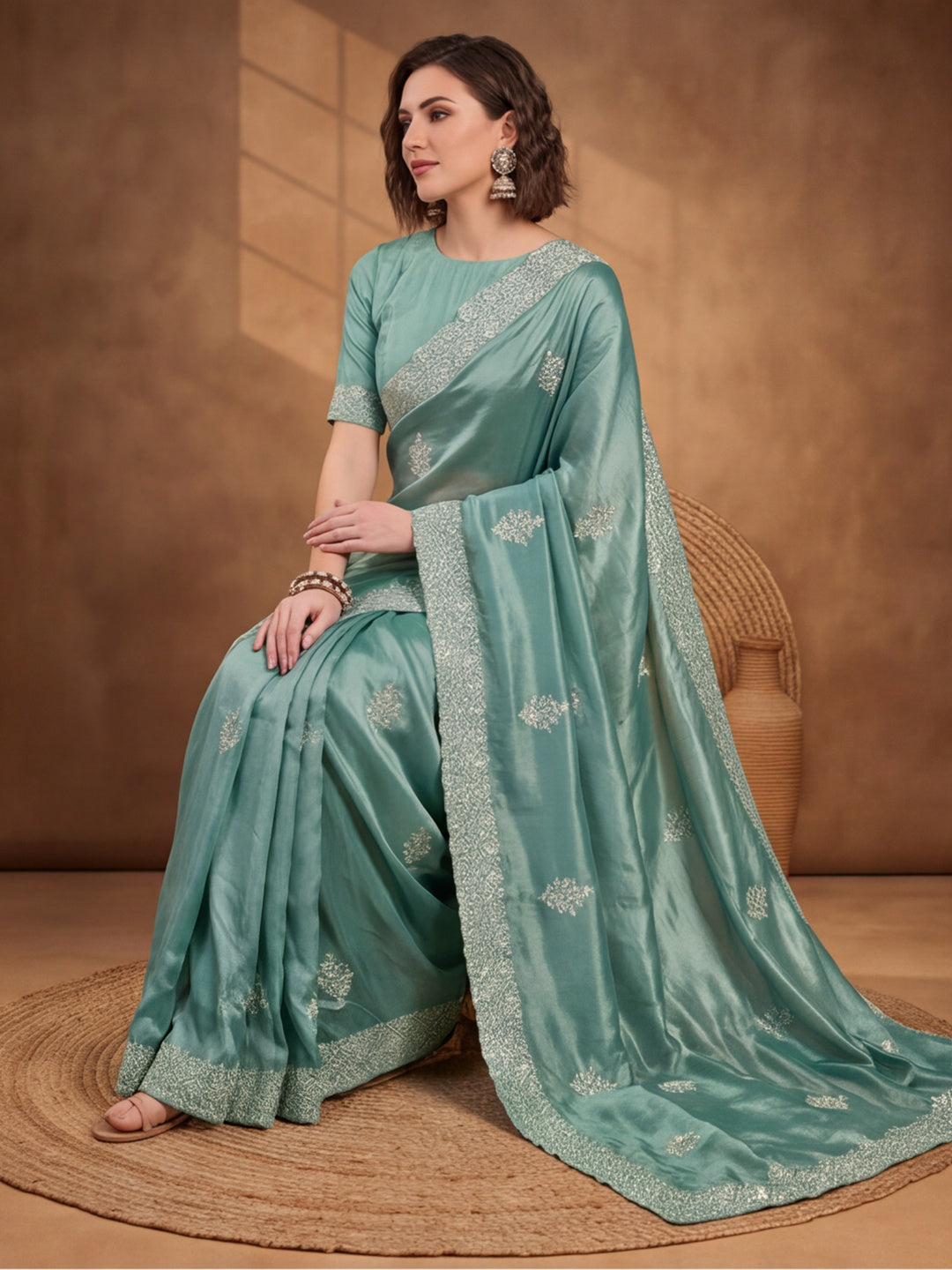 Teal Gold Crush Saree with Artistic Embroidered Design by Jaipur Kurti