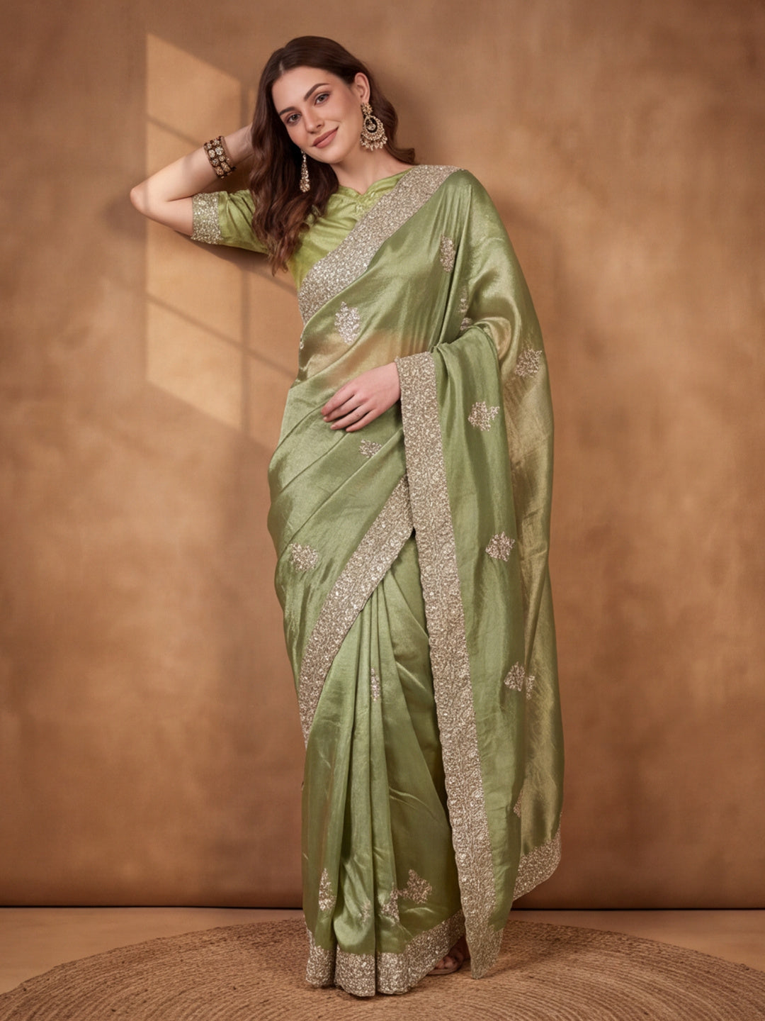 Sea Green Gold Crush Saree with Graceful Embroidered Highlights by Jaipur Kurti