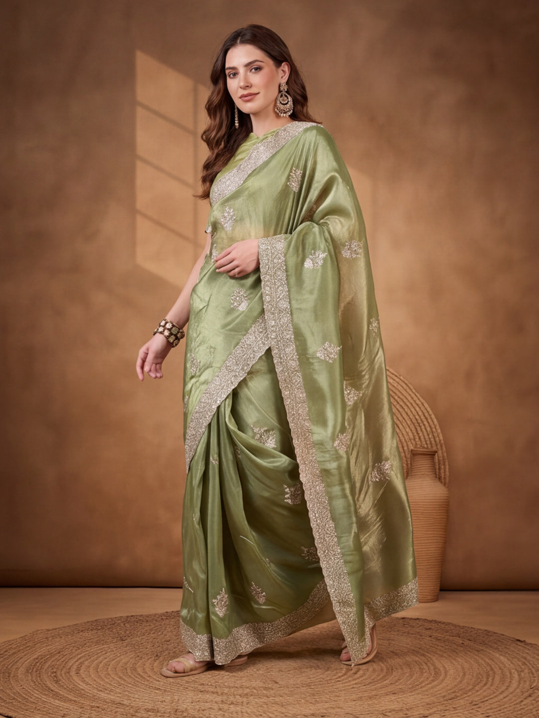 Sea Green Gold Crush Saree with Graceful Embroidered Highlights by Jaipur Kurti