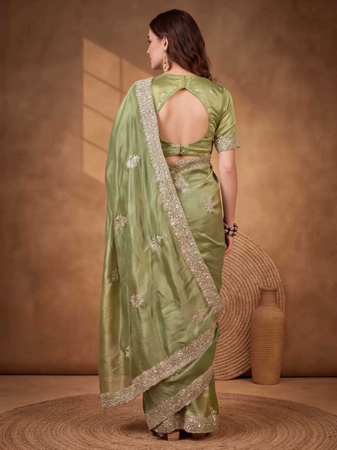 Sea Green Gold Crush Saree with Graceful Embroidered Highlights by Jaipur Kurti