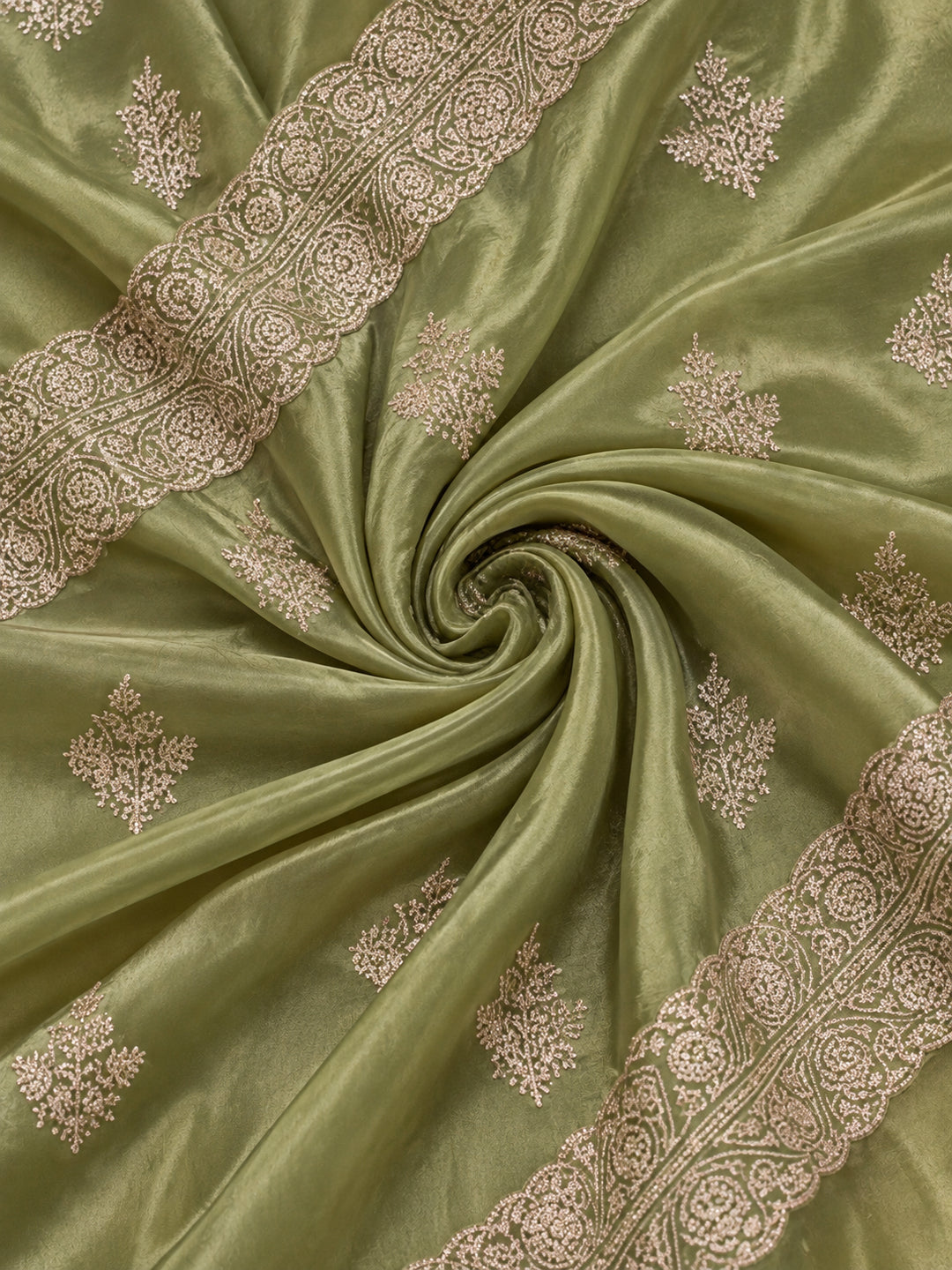 Sea Green Gold Crush Saree with Graceful Embroidered Highlights by Jaipur Kurti