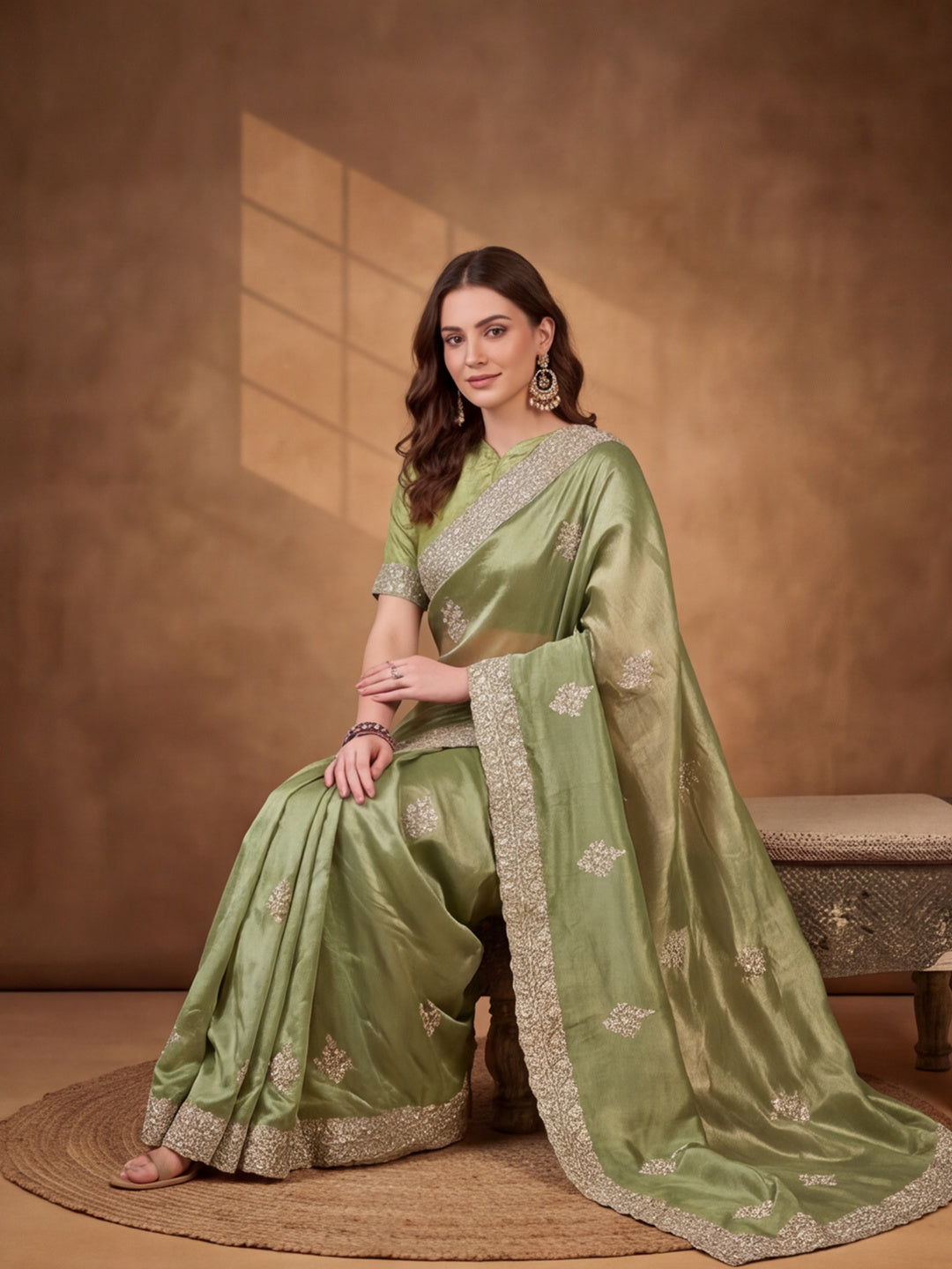 Sea Green Gold Crush Saree with Graceful Embroidered Highlights by Jaipur Kurti