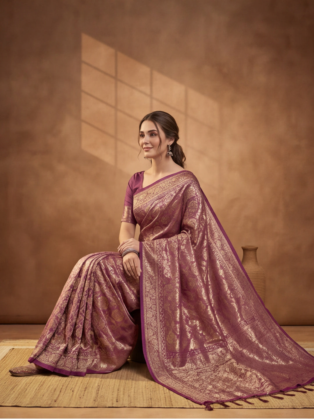 Jaipur Kurti Women'S Wine Colour Designer Weaving Work Saree