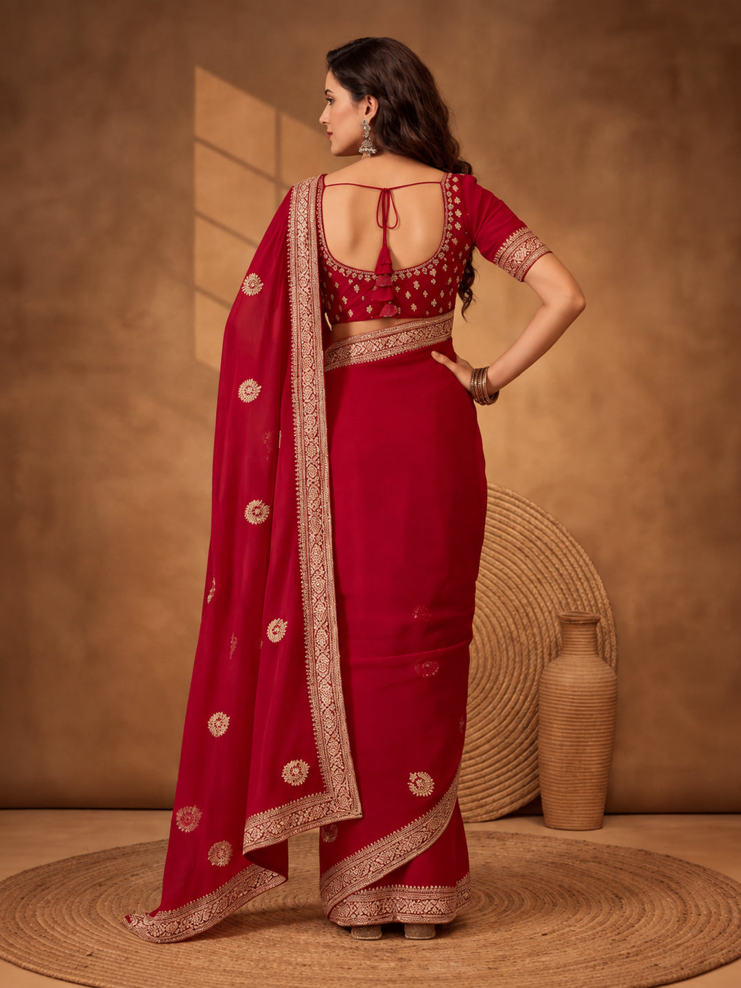 Red Georgette Saree with Embroidered Elegance by Jaipur Kurti