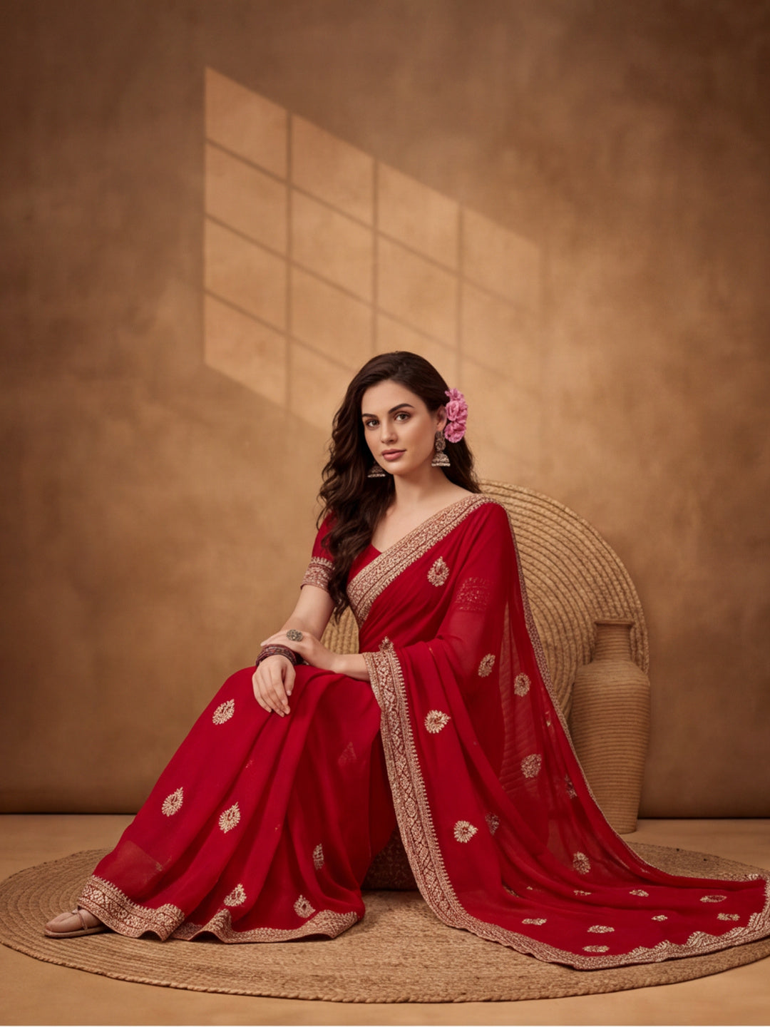 Red Georgette Saree with Embroidered Elegance by Jaipur Kurti