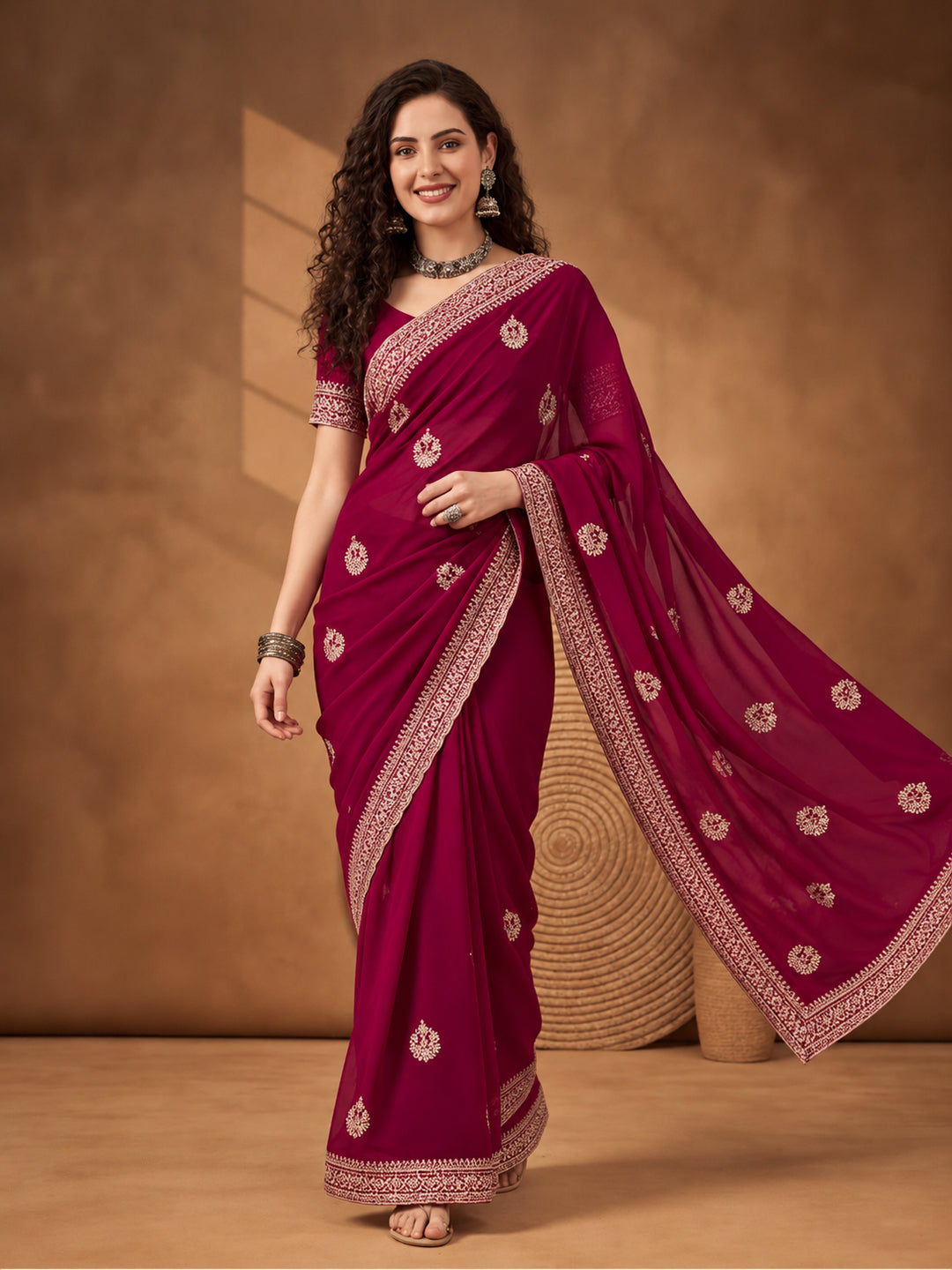 Rani Georgette Saree with Beautiful Embroidered Patterns by Jaipur Kurti