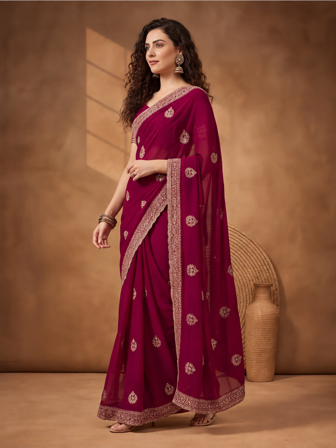 Rani Georgette Saree with Beautiful Embroidered Patterns by Jaipur Kurti