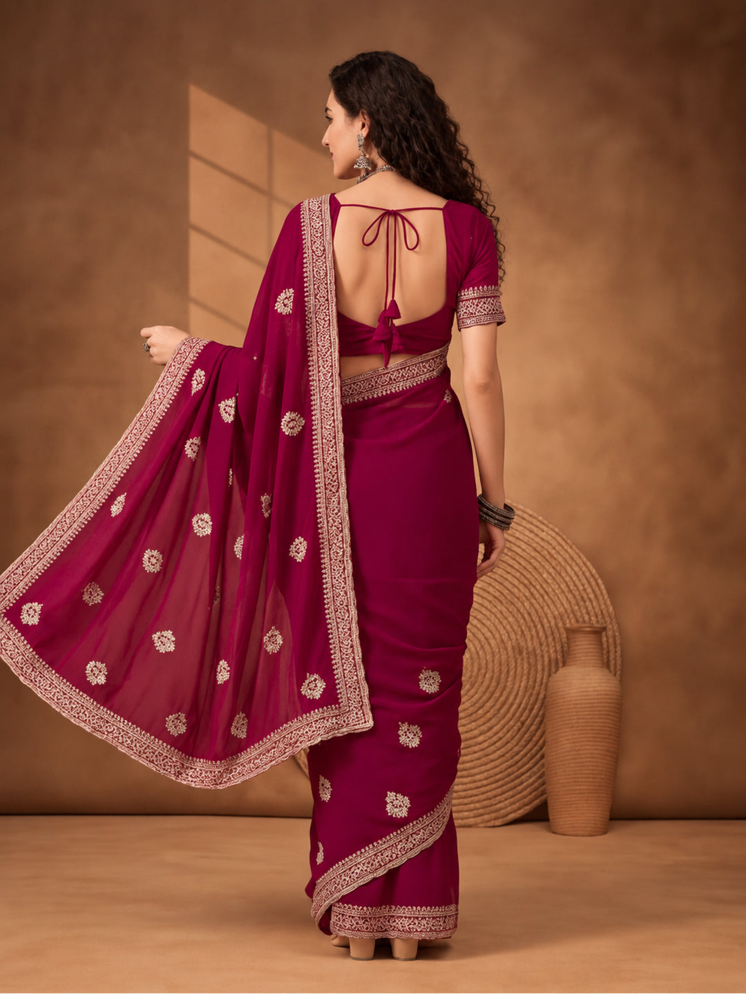 Rani Georgette Saree with Beautiful Embroidered Patterns by Jaipur Kurti