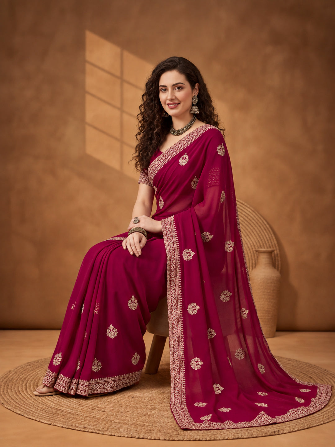 Rani Georgette Saree with Beautiful Embroidered Patterns by Jaipur Kurti