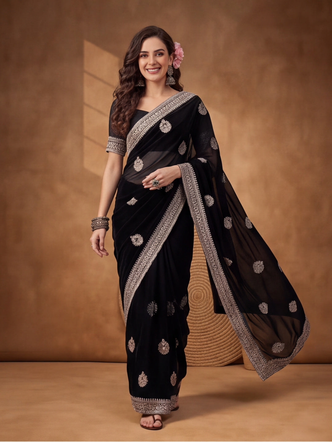 Black Georgette Saree with Modern Embroidered Appeal by Jaipur Kurti